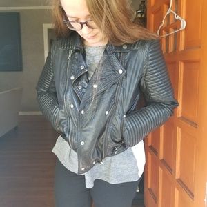 MANGO Leather Biker Jacket - Black